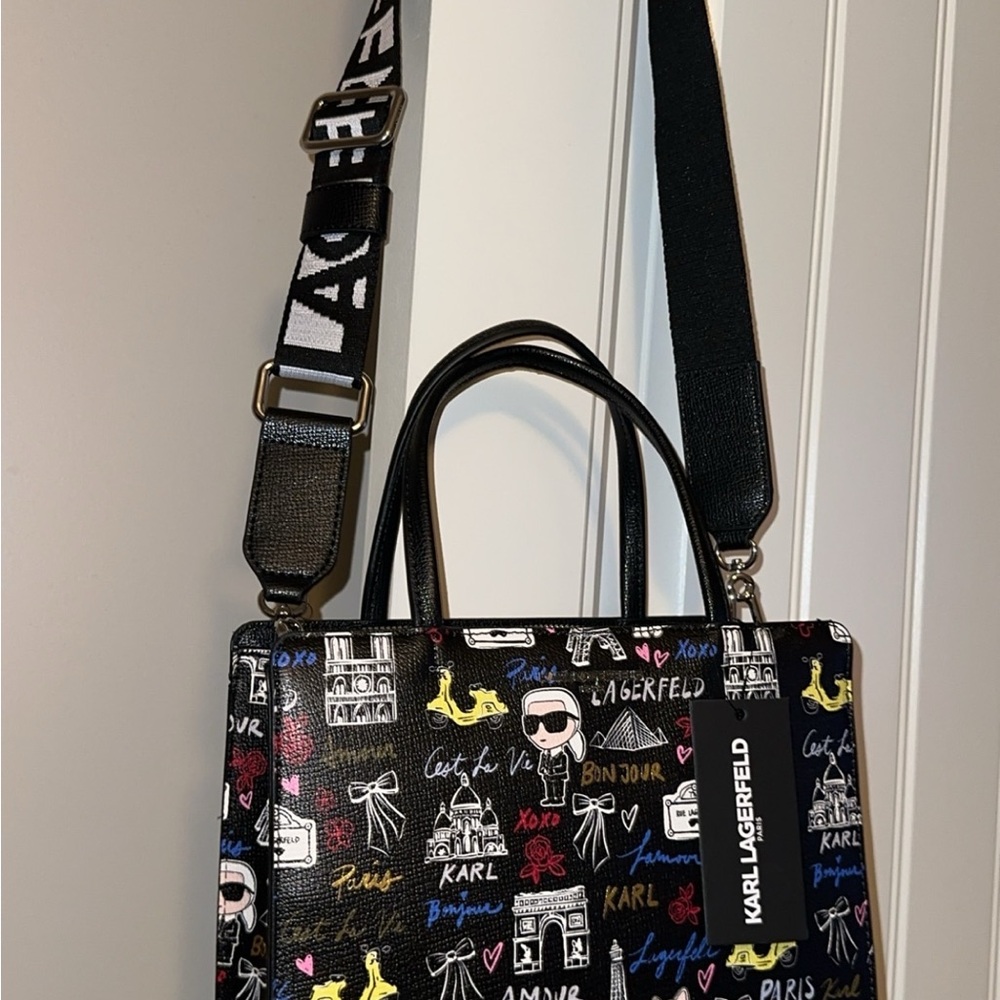 Karl Lagerfeld Black Multicolor Paris Sketch Satchel with Logo Strap - Picture 4 of 4